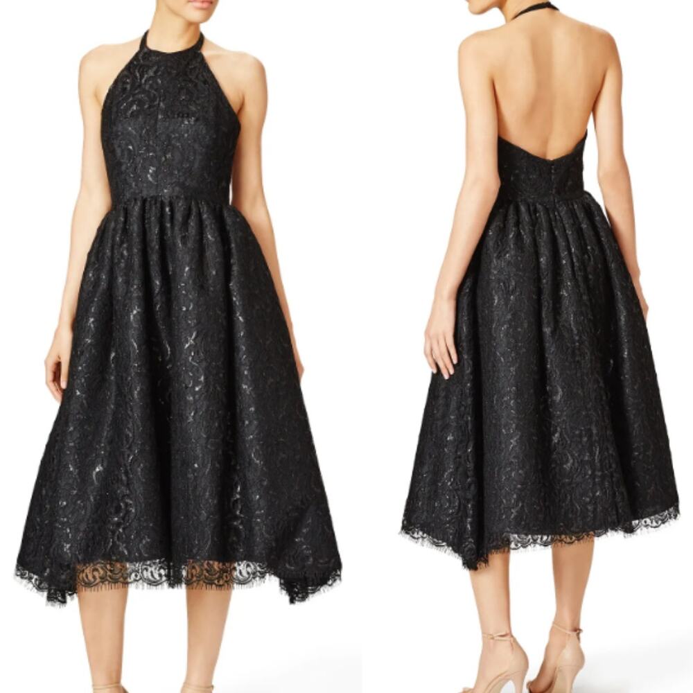 Shoshanna Midnight Women's Lace Midi Dress 2 Black Halter Cocktail Party